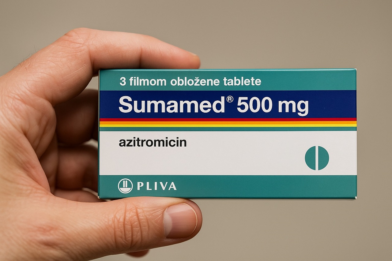 Pakovanje Sumamed 500 mg antibiotika od azitromicina koje osoba drži u ruci, prikaz pravilne upotrebe leka