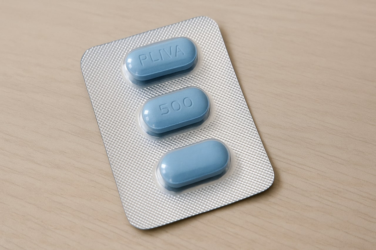 Blister pakovanje Sumamed tableta od 500 mg na stolu, prikaz izgleda leka koji se koristi za bakterijske infekcije