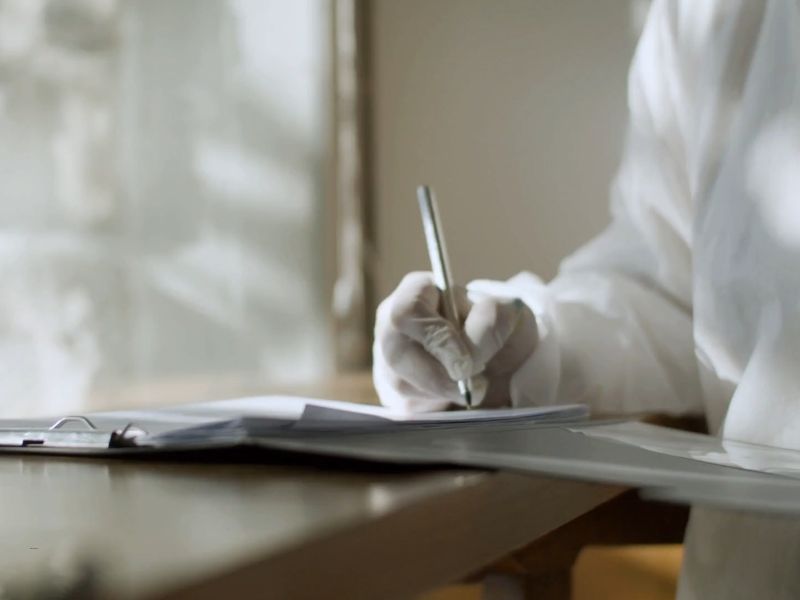 lekar popunjava papire sa rukavicama na rukama