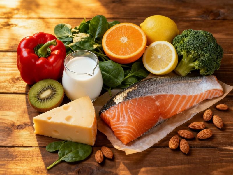 paprika, kivi, mlečni proizvodi, bademi, losos na drvenom stolu