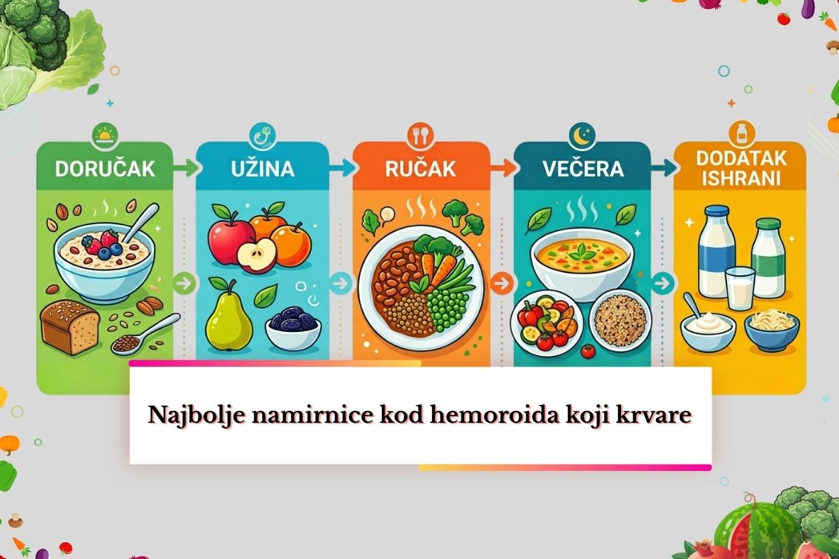 Ilustracija dnevnog plana ishrane kod hemoroida sa doručkom, užinom, ručkom, večerom i dodacima ishrani