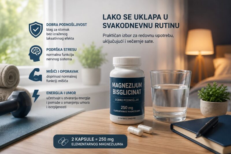 Magnezijum bisglicinat sa kapsulama, čašom vode i detaljima povezanim sa vežbanjem i večernjom rutinom