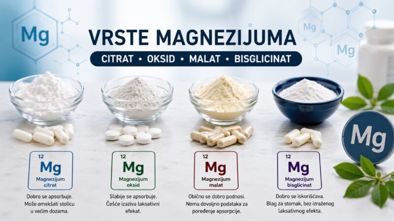 Poređenje magnezijum citrata, oksida, malata i bisglicinata prema apsorpciji i podnošljivosti